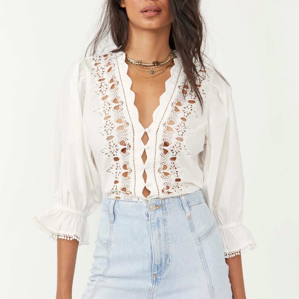 Free People - Louella White Cotton Embroidered Puff Sleeve Top